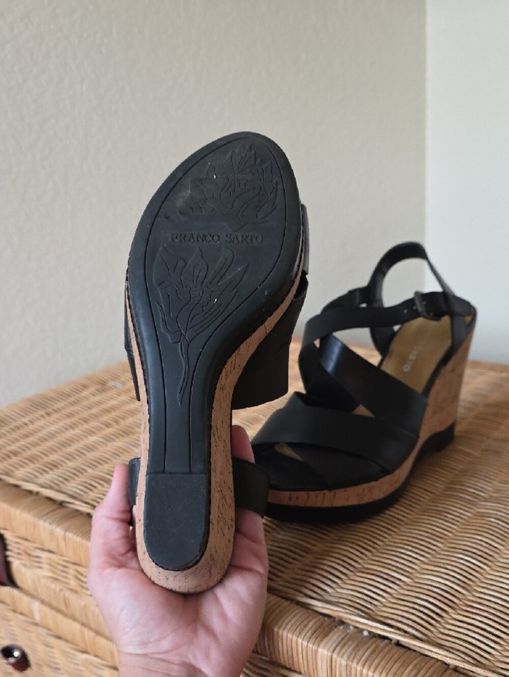 Black Leather Cork Wedge Sandals - Picture 2 of 3